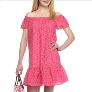 $99 NWT RUFFLE OFF THE SHOULDER SHIFT DRESS pink
